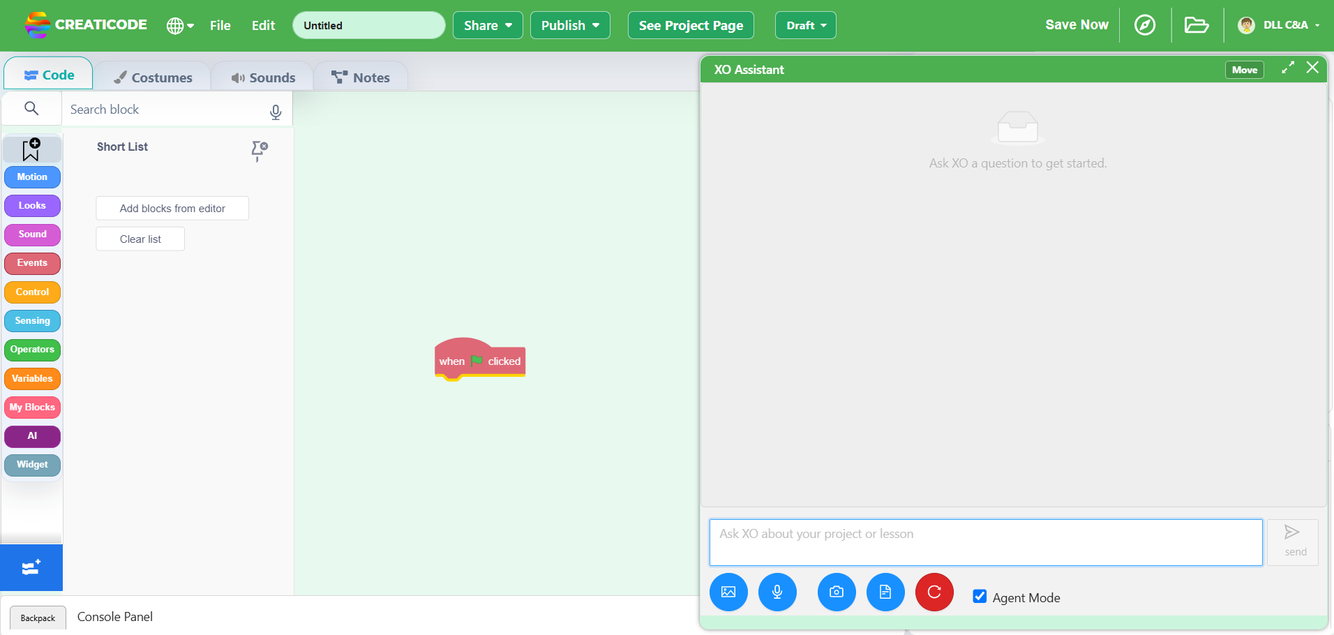 CreatiCode coding workspace with the complete XO Assistant panel open